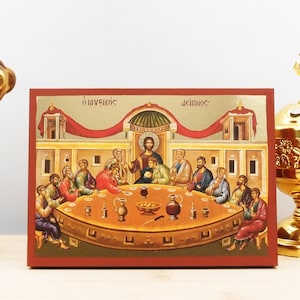 The Last Supper, Jesus Christ with Apostles, Wooden Handmade Icon with  Gold Foil Greek Premium Byzantine Style Wall Hanging on Wood Plaque