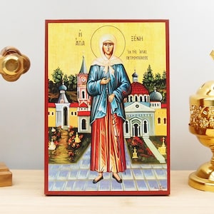 Saint Xenia of St. Petersburg &quot;fool-for-Christ&quot;, Wooden Handmade Icon Greek Premium Byzantine Style Wall Hanging on Wood Plaque Religious