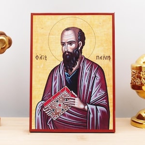 Saint Apostle Paul, Wooden Handmade Icon Greek Premium Byzantine Style Wall Hanging on Wood Plaque Religious Theme