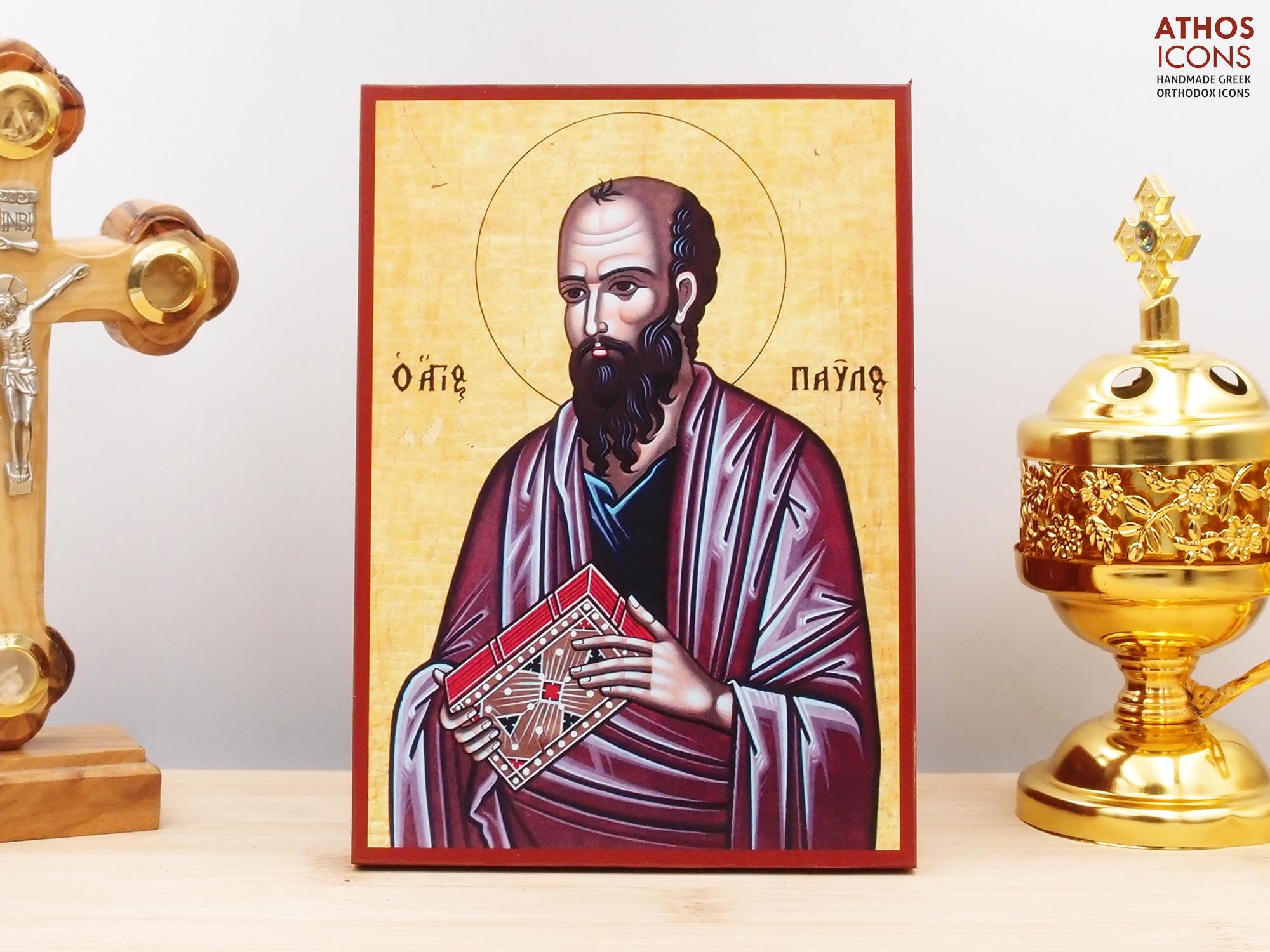 Saint Apostle Paul, Wooden Handmade Icon Greek Premium Byzantine Style Wall Hanging on Wood Plaque Religious Theme