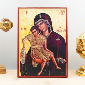 Holy Virgin Mary Axion Esti with Jesus, Wooden Handmade Icon Greek Premium Byzantine Style Wall Hanging on Wood Plaque