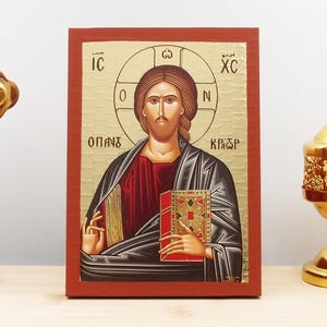 Jesus Christ Pantocrator, Wooden Handmade Icon with Gold Foil Engraving Greek Premium Byzantine Style Wall Hanging on Wood Plaque Religious