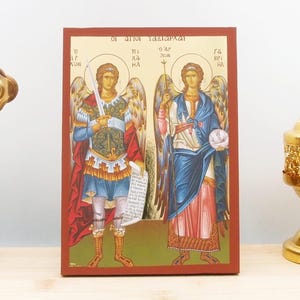 Archangels Michael and Gabriel &quot;Taxiarxes&quot;, Wooden Handmade Icon with Gold Foil Greek Premium Byzantine Style Wall Hanging on Wood Plaque
