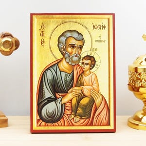 Saint Joseph the Betrothed, Wooden Handmade Icon Greek Premium Byzantine Style Wall Hanging on Wood Plaque