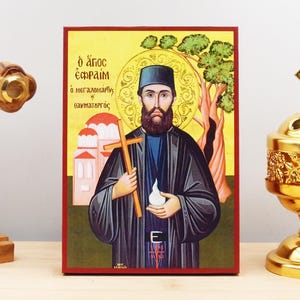 Saint Ephraim of Nea Makri the Neomartyr, Wooden Handmade Icon Greek Premium Byzantine Style Wall Hanging on Wood Plaque