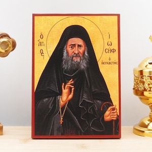Saint Joseph the Hesychast, Wooden Handmade Icon Greek Premium Byzantine Style Wall Hanging on Wood Plaque