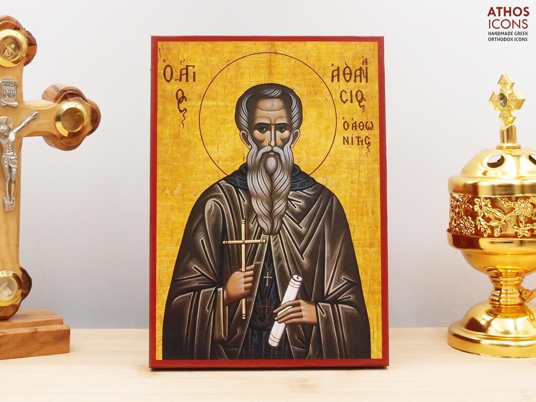 Saint Athanasius the Athonite, Wooden Handmade Icon Greek Premium ...