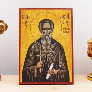 Saint Athanasius the Athonite, Wooden Handmade Icon Greek Premium Byzantine Style Wall Hanging on Wood Plaque