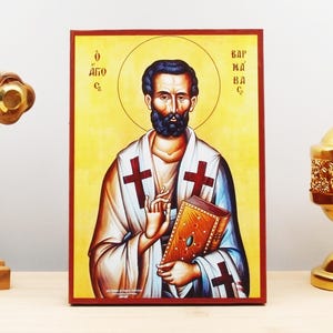 Saint Apostle Barnabas, Wooden Handmade Icon Greek Premium Byzantine Style Wall Hanging on Wood Plaque Religious Theme