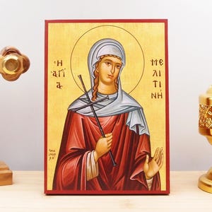 Saint Melitine of Marcianopolis, Wooden Handmade Icon Greek Premium Byzantine Style Wall Hanging on Wood Plaque Religious Theme