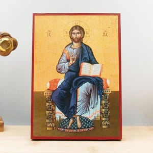 Jesus Christ Blessing Enthroned, Wooden Handmade Icon Greek Premium Byzantine Style Wall Hanging on Wood Plaque Religious Theme