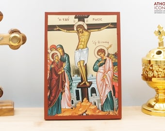 The Crucifixion of Jesus Christ Icon Handmade Greek Orthodox Byzantine Gold Foil Wooden Wall Art Christian Religious Gift Home Decor