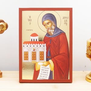 Saint Christodoulos of Patmos, Wooden Handmade Icon with  Gold Foil Greek Premium Byzantine Style Wall Hanging Religious Theme