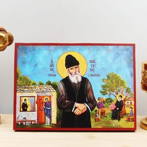Saint Paisios of Mount Athos Vertical, Wooden Handmade Icon Greek Premium Byzantine Style Wall Hanging on Wood Plaque Religious Theme