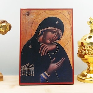 Holy Virgin Mary in Lament, Wooden Handmade Icon Greek Premium Byzantine Style Wall Hanging on Wood Plaque Religious Theme