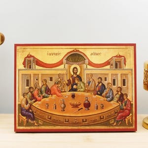 The Last Supper Jesus Christ with Apostles, Wooden Handmade Icon Greek Premium Byzantine Style Wall Hanging on Wood Plaque Religious Theme