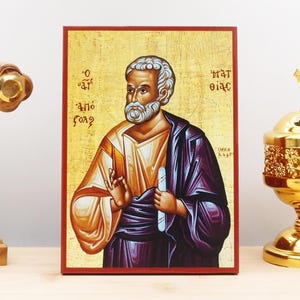 Saint Apostle Matthias, Wooden Handmade Icon Greek Premium Byzantine Style Wall Hanging on Wood Plaque Religious Theme