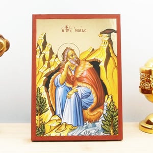Saint Prophet Ellias or Elijah, Wooden Handmade Icon with  Gold Foil Greek Premium Byzantine Style Wall Hanging Religious Theme
