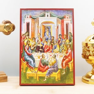 Jesus Christ Anointed by the Sinful Woman, Wooden Handmade Icon Greek Premium Byzantine Style Wall Hanging on Wood Plaque Religious Theme