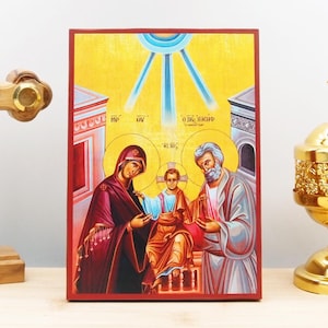 Saint Holy Family, Wooden Handmade Icon Greek Premium Byzantine Style Wall Hanging on Wood Plaque Religious Theme