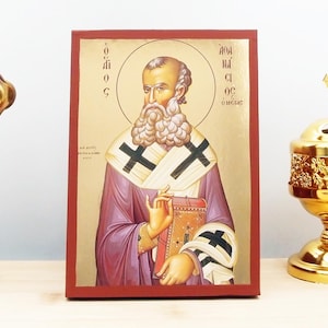 Saint Athanasius of Alexandria, Wooden Handmade Icon with  Gold Foil Greek Premium Byzantine Style Wall Hanging Religious Theme