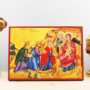 Jesus Christ Adoration of the Magi, Wooden Handmade Icon Greek Premium Byzantine Style Wall Hanging on Wood Plaque Orthodox Religious Theme