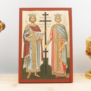 Saint Constantine and Saint Helena, Wooden Handmade Icon with Gold Foil Greek Premium Byzantine Style Wall Hanging Religious Theme