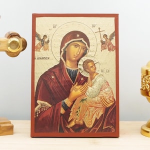 Virgin Mary  the Pure “Amolyntos” with Jesus, Wooden Handmade Icon with Gold Foil Engraving Greek Premium Byzantine Style Wall Hanging