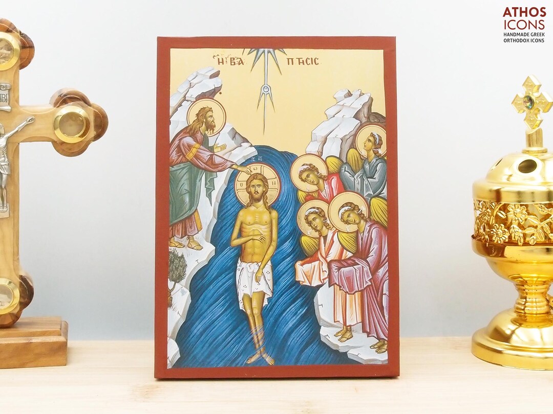 The Baptism of Jesus Christ Icon Handmade Greek Orthodox Byzantine Gold ...