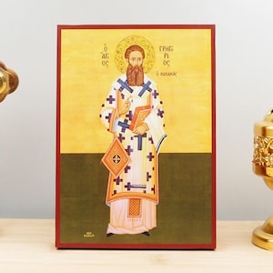 Saint Gregory Palamas Archbishop of Thessalonica, Wooden Handmade Icon Greek Premium Byzantine Style Wall Hanging on Wood Plaque