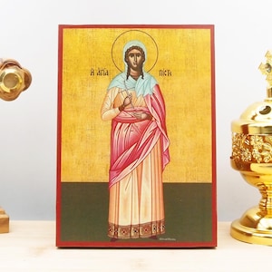 Saints “Pisti” Faith, Wooden Handmade Icon Greek Premium Byzantine Style Wall Hanging on Wood Plaque