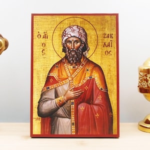 Saint Zacchaeus of Jerusalem, Wooden Handmade Icon Greek Premium Byzantine Style Wall Hanging on Wood Plaque
