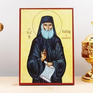 Saint Paisios of Mount Athos, Wooden Handmade Icon Greek Premium Byzantine Style Wall Hanging on Wood Plaque Religious Theme