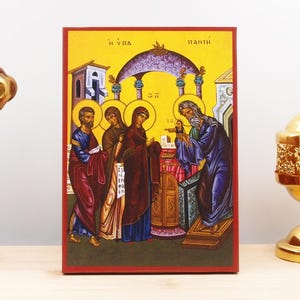 The Presentation of Jesus Christ at the Temple in Jerusalem, Wooden Handmade Icon Greek Premium Byzantine Style Wall Hanging on Wood Plaque