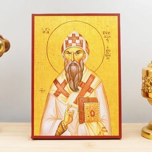 Saint Cyril of Alexandria, Wooden Handmade Icon Greek Premium Byzantine Style Wall Hanging on Wood Plaque