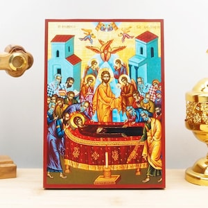 The Dormition of Virgin Mary with Jesus, Wooden Handmade Icon Greek Premium Byzantine Style Wall Hanging on Wood Plaque Religious Theme