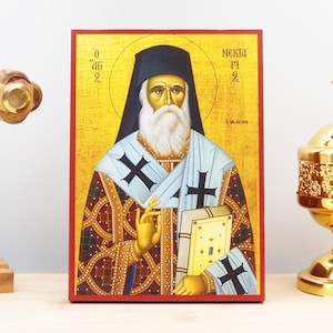 Saint Nectarios Metropolitan of Pentapolis and Wonderworker of Aegina, Wooden Handmade Icon Greek Premium Byzantine Style Wall Hanging