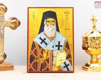 Saint Nectarios Metropolitan of Pentapolis and Wonderworker of Aegina Icon Handmade Greek Orthodox Byzantine Wooden Christian Religious