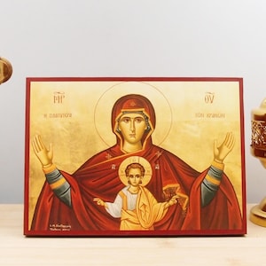 Holy Virgin Mary "Platytera" More Spacious Than the Heavens Icon Handmade Greek Orthodox Byzantine Wooden Wall Art Christian Religious Gift