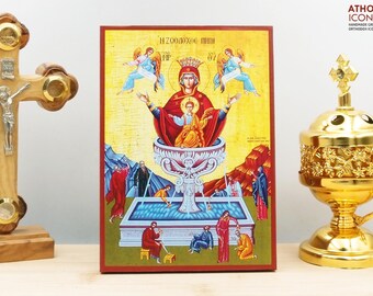 Virgin Mary the Life-Giving spring with Jesus Icon Handmade Greek Orthodox Byzantine Wooden Wall Art Christian Religious Gift Home Decor