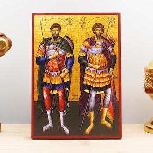 Saints Theodore Stratelates and Tiron, Wooden Handmade Icon Greek Premium Byzantine Style Wall Hanging on Wood Plaque