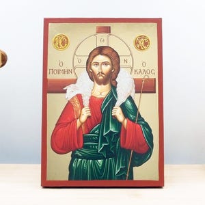 Jesus Christ the Good Shepherd, Wooden Handmade Icon with Gold Foil Greek Premium Byzantine Style Wall Hanging on Wood Plaque ReligiousTheme