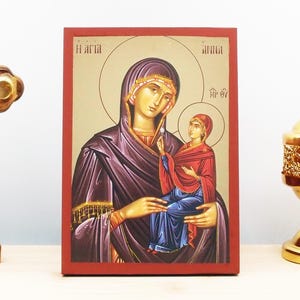 Saint Anna with Virgin Mary, Wooden Handmade Icon with  Gold Foil Greek Premium Byzantine Style Wall Hanging Religious Theme
