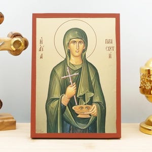 Saint Paraskevi of Rome, Wooden Handmade Icon with  Gold Foil Greek Premium Byzantine Style Wall Hanging Religious Theme
