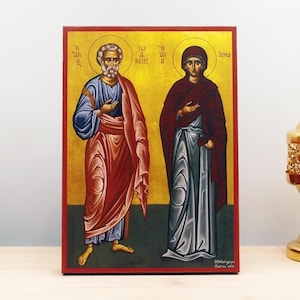 Saints Joachim and Anna, Wooden Handmade Icon Greek Premium Byzantine Style Wall Hanging on Wood Plaque