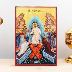 Resurrection of Jesus Christ, Wooden Handmade Icon Greek Premium Byzantine Style Wall Hanging on Wood Plaque Orthodox Religious Theme