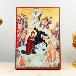Genesis of Jesus Christ, Wooden Handmade Icon Greek Premium Byzantine Style Wall Hanging on Wood Plaque Orthodox Religious Theme
