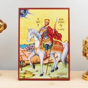 Saint Constantine the Great on Horseback Icon Handmade Greek Orthodox Byzantine Wooden Wall Art Christian Religious Gift Home Decor