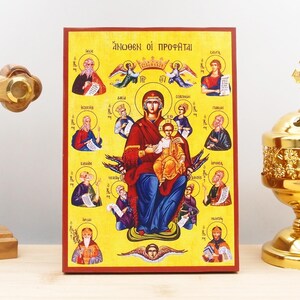 Holy Virgin Mary with Jesus the Prophets Above, Wooden Handmade Icon Greek Premium Byzantine Style Wall Hanging on Wood Plaque Religious