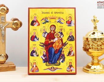 Holy Virgin Mary with Jesus the Prophets Above Icon Handmade Greek Orthodox Byzantine Wooden Wall Art Christian Religious Gift Home Decor